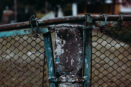 Detailed view of a weathered chain-link fence, showing the textures of age. An old rustic fence, its metallic surfaces worn by time and exposure.の写真素材