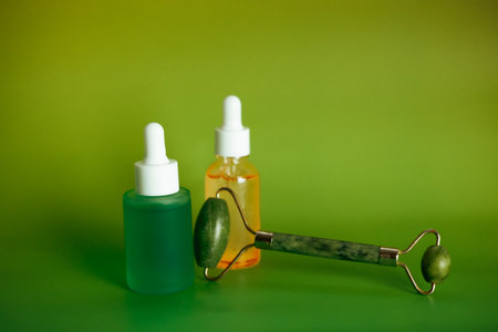 Two bottles of face serum next to a jade roller on a soft, green surface. Self-care concept. Female beauty treatment. Cosmetic products and tools.の写真素材