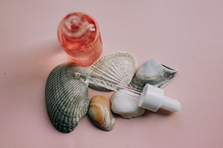 A close-up shot features seashells with a glass bottle and dropper against a soft pink background,...