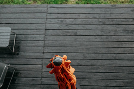 Overhead view of a backyard scene featuring a grill on a wet deck. A backyard scene with a small table, lounge chair and orange brown umbrella. The dark wood deck contrasts with the outdoor elements.の写真素材
