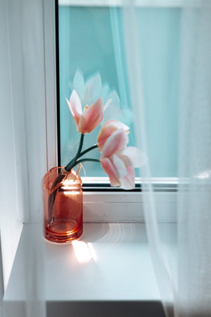 Pink orchid flowers in a glass vase on a windowsill in natural sunlight. A small vase of pink...