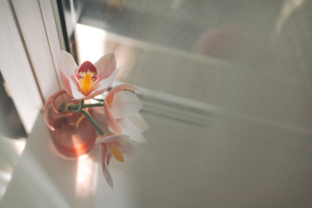 Elegant orchids in a copper vase, showing delicate beauty and soft lighting. Delicate pink orchid blooms in a copper vase, bathed in soft, natural light, creating a serene and elegant atmosphere.の写真素材