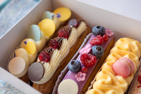Delicious eclairs with fresh berries and macarons beautifully displayed in a bakery box. A close-up...