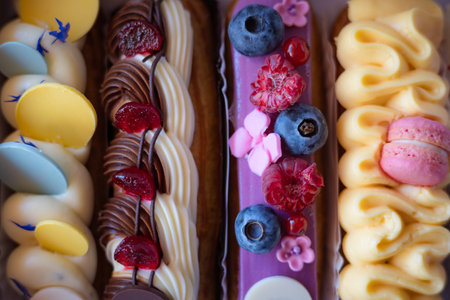 Delicious eclairs with fresh berries and macarons beautifully displayed in a bakery box. A close-up...