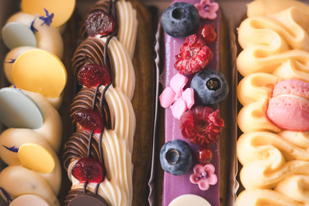 Delicious eclairs with fresh berries and macarons beautifully displayed in a bakery box. A close-up...