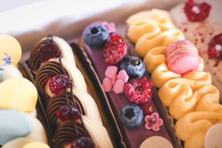 Delicious eclairs with fresh berries and macarons beautifully displayed in a bakery box. A close-up...