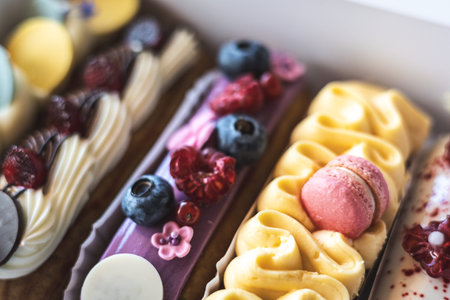 Delicious eclairs with fresh berries and macarons beautifully displayed in a bakery box. A close-up...