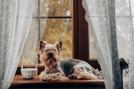A Yorkshire Terrier relaxing on a cozy windowsill in a warm setting. A charming Yorkie doggy rests on a sill, framed by lace curtains and a view of autumn foliage, with a beside basket. Domestic pet.の写真素材