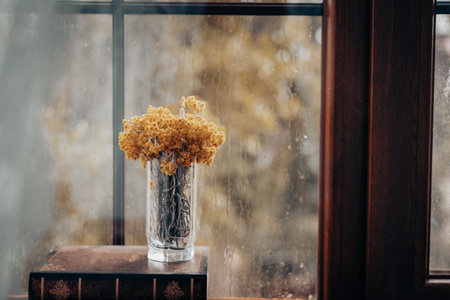 A clear glass vase filled with dried flowers sits by a rain-streaked window. A close-up shot of a...
