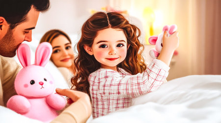 A father and daughter share a sweet moment while holding and playing with a pink bunny. A little girl happily shows her father a pink stuffed bunny. They're spending quality time together Love emotionの素材
