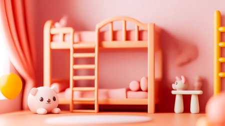 A charming pink children's bedroom with a bunk bed and toys, evoking a sense of joy and childhood. A soft, pink baby room, a bunk bed, a bear-shaped figure, a playful ambiance, ideal for kids' themes.の素材