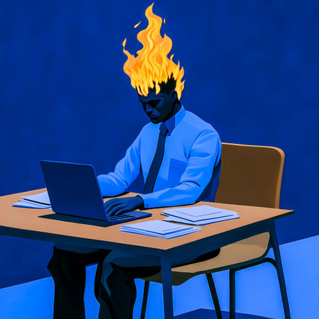 A stressed businessman with burning head, working diligently on a laptop at his desk. A stressed office worker has a fiery blaze for hair while working, symbolizing burnout and stress at the work.の素材