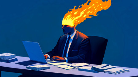 A stressed businessman with burning head, working diligently on a laptop at his desk. A stressed office worker has a fiery blaze for hair while working, symbolizing burnout and stress at the work.の素材