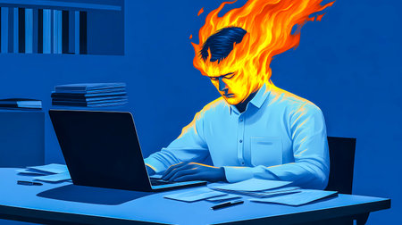 A stressed businessman with burning head, working diligently on a laptop at his desk. A stressed office worker has a fiery blaze for hair while working, symbolizing burnout and stress at the work.の素材