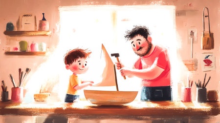 A father and son share a special moment, building a wooden sailboat together in their workshop. A heartwarming illustration shows a dad and little boy building a boat, filled with love and connection.の素材