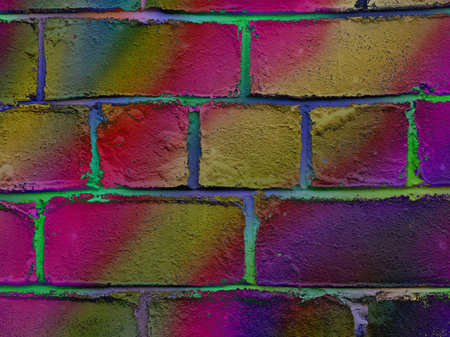 A colorful brick wall with a vibrant gradient of colors, unique texture. Close-up of a colourful...