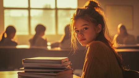 A thoughtful student girl in a classroom, lit by warm sunlight with a stack of paper books. A teen in focus, other schoolchildren on background in defocus Back to the school September 1, Knowledge Dayの素材