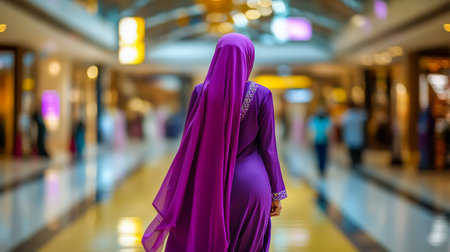 A faceless woman in a purple hijab walks through a busy shopping mall, seen from the back. A muslim woman in a vibrant purple hijab walks through a brightly lit shopping mall. Shopping people.の素材