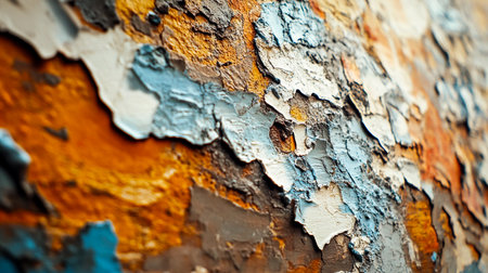 Peeling, textured paint, offering a mix of colors and a sense of age. Close-up of weathered, peeling paint revealing layers of color and texture on a textured surface, creating a rich, abstract designの素材