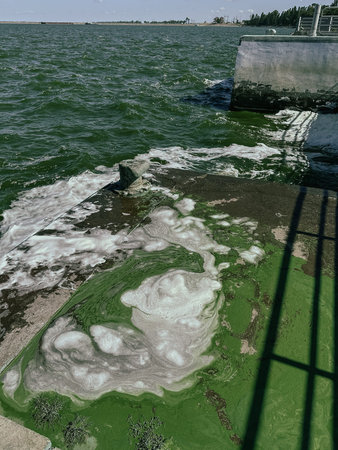 A weathered pier bollard with waves and green algae in the sea. A bollard stands on a pier, waves...