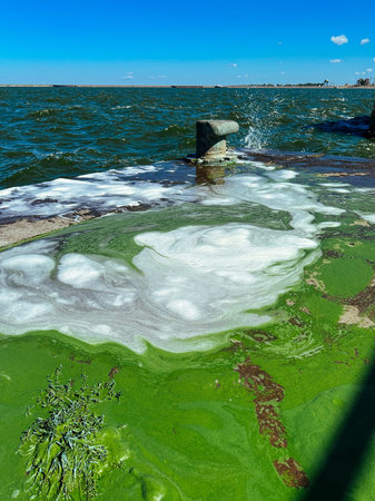 A weathered pier bollard with waves and green algae in the sea. A bollard stands on a pier, waves...