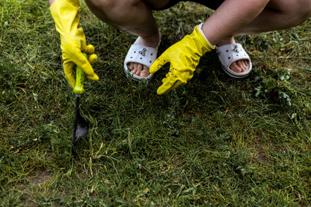 Close up of a person gardening outdoors on a sunny day, working with yellow gloves. A person in...