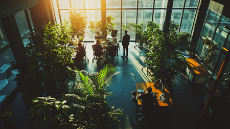 Modern office with a green interior and business people walking around An interior shot showcasing a modern office space, brimming with natural light and lush greenery, with business people walking.の素材