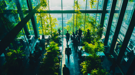 Modern office with a green interior and business people walking around An interior shot showcasing a modern office space, brimming with natural light and lush greenery, with business people walking.の素材