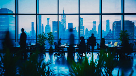 Silhouette of business people in a modern office with a night city view. Business meeting in an office with a view of the city skyline through large windows. Silhouettes of people working at a desk.の素材