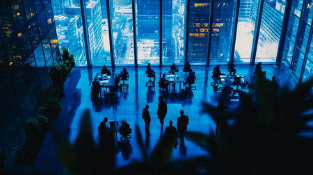 Silhouette of business people in a modern office with a night city view. Business meeting in an office with a view of the city skyline through large windows. Silhouettes of people working at a desk.の素材