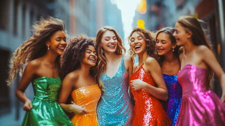 A group of happy friends in sparkly dresses share a moment of laughter. A group of joyful young women in colorful sequined dresses laugh together in an urban setting, exuding happiness and camaraderieの素材
