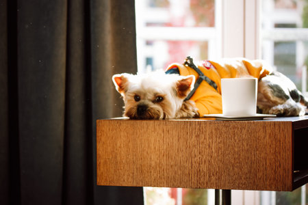 A cute Yorkshire terrier wearing a yellow jacket rests on a wooden table with a white cup. A small...