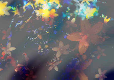 Dreamy abstract floral background with soft light and colorful flowers. Artistic digital illustration with ethereal mood, perfect for design, branding, posters, textiles and social media aesthetics.の写真素材