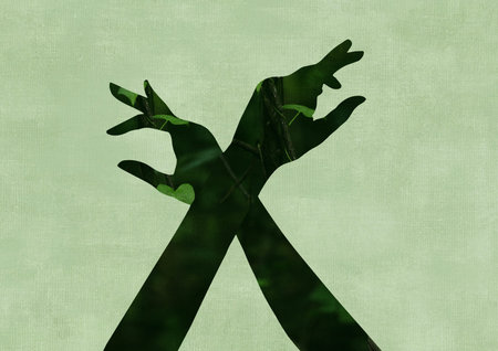 Two female hands crossed, creating a unique silhouette with green foliage. Silhouette hands crossing...