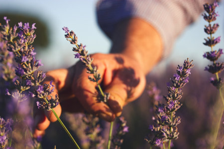 Male hand gently touching lavender flowers in a field. A close-up shot of a hand caressing purple lavender flowers in a sunlit field, evoking tranquility and natural beauty. A farmer picks flowers.の写真素材