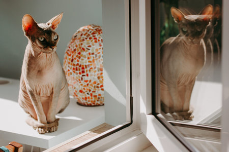 Modern photo of a sphynx cat sitting near a window with reflection in glass. Stylish interior, warm...