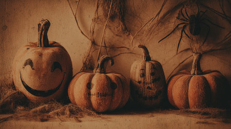 Spooky Halloween pumpkins with smiling faces and cobwebs, festive autumn decoration with spiders and rustic vintage atmosphere, creepy holiday background for seasonal design. Jack o'lantern charactersの素材