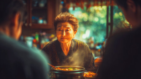 Korean grandmother cooking and serving traditional soup at home kitchen table, family warm enjoying homemade meal together, Asian culture and multigenerational bonding concept People of Asia lifestyleの素材
