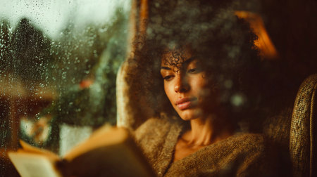 Cozy autumn scene of beautiful Afro American woman reading a book indoors by a rainy window. Warm atmosphere for relaxation, mindfulness, slow living. Autumn vibes and rainy day comfort indoors.の素材