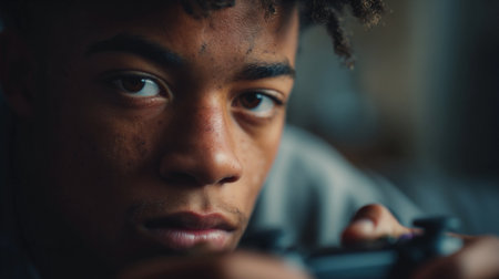Focused Afro American guy, teenager boy playing video games. A close-up shot of a young Black man intensely focused on a video game, holding a controller. A male gamer portrait close up. Serious lookの素材