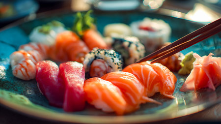 Delicious sushi platter with chopsticks ready to eat. A close-up shot of traditional Asian food with various types of sushi, including nigiri and maki rolls, chirashi sushi. Assorted sushi on a plate.の素材