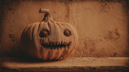 Spooky Halloween pumpkin with stitched eyes and mouth against a textured wall. A close-up carved pumpkin with a stitched face, evoking a vintage or rustic feel. The pumpkin sits on a wooden surface.の素材