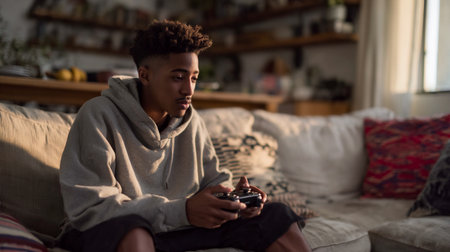 Young man engrossed in a video game at home. A young Black man is focused while playing a video game, holding a controller, and sitting on a couch. The scene is indoors with natural light.の素材