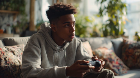 Young man engrossed in a video game at home. A young Black man is focused while playing a video game, holding a controller, and sitting on a couch. The scene is indoors with natural light.の素材