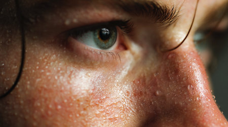 Close-up of a person's eye with sweat droplets on their skin. A detailed shot captures a male eye, highlighting the skin's texture and glistening sweat droplets, suggesting exertion or heat.の素材