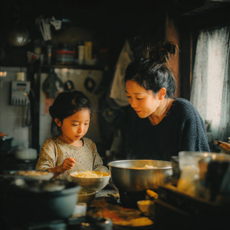 Mother and daughter enjoying a meal together in a cozy kitchen. A heartwarming scene of a Korean family sharing a meal, with the little girl eating traditional soup with noodles. Family togetherness.の素材