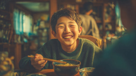 Korean family dinner. Joyful boy enjoying a meal at home. A young boy with a wide smile is seen enjoying a meal at a table, likely at home. Chopsticks, and there are other people in the background.の素材