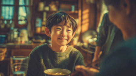 Korean family dinner. Joyful boy enjoying a meal at home. A young boy with a wide smile is seen enjoying a meal at a table, likely at home. Chopsticks, and there are other people in the background.の素材
