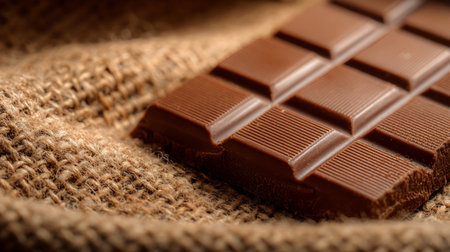 Close-up of a delicious dark chocolate bar dusted with cocoa powder. A close-up shot showcases a rich, dark chocolate bar, partially dusted with cocoa powder, resting on a rustic burlap cloth.の素材