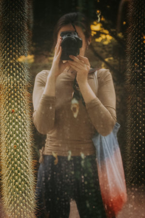 Photographer Capturing the Moment in a Botanical Garden. A woman is taking a photo with a camera,...